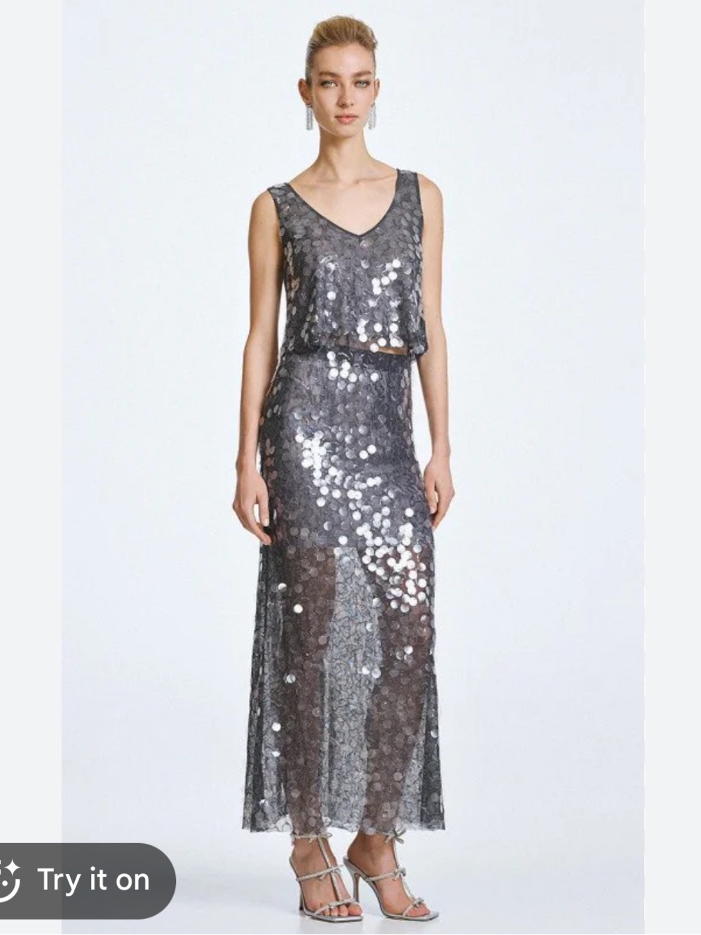 NWT Bianca 2 Piece Set Rio Tank Rio Midi Skirt Sequin Sheer Silver Size XS / S